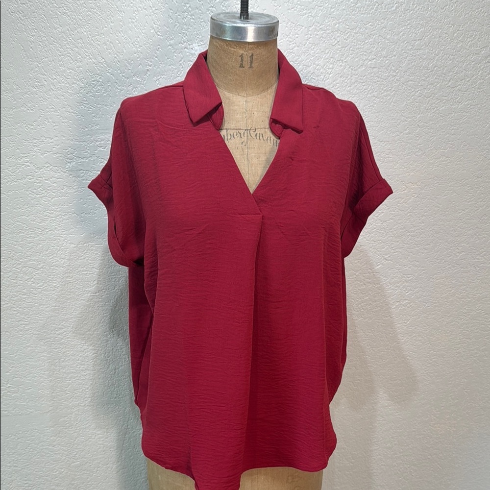 She + Sky‎ Women's Small Red Short Sleeve V-Neck Flowy Collared Top NWT